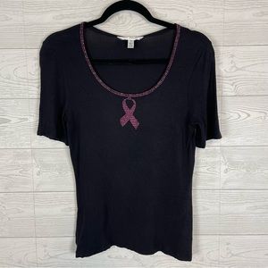 St. John Black Short Sleeve Breast Cancer Awareness Blouse Size P/2